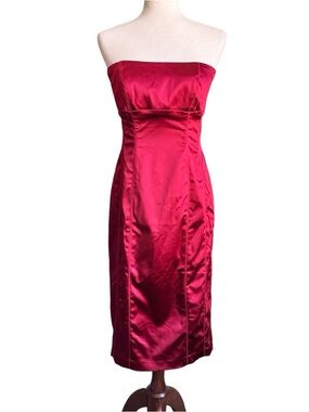 Y2K Vintage bebe Red Strapless Satin Sheath Midi Dress Large Cocktail Party EUC